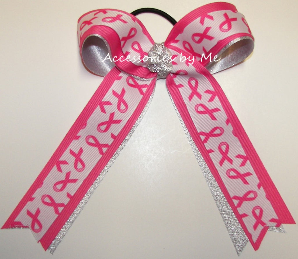 Breast Cancer Awareness Hot Pink Silver Metallic Ribbon Ponytail Holder Bow