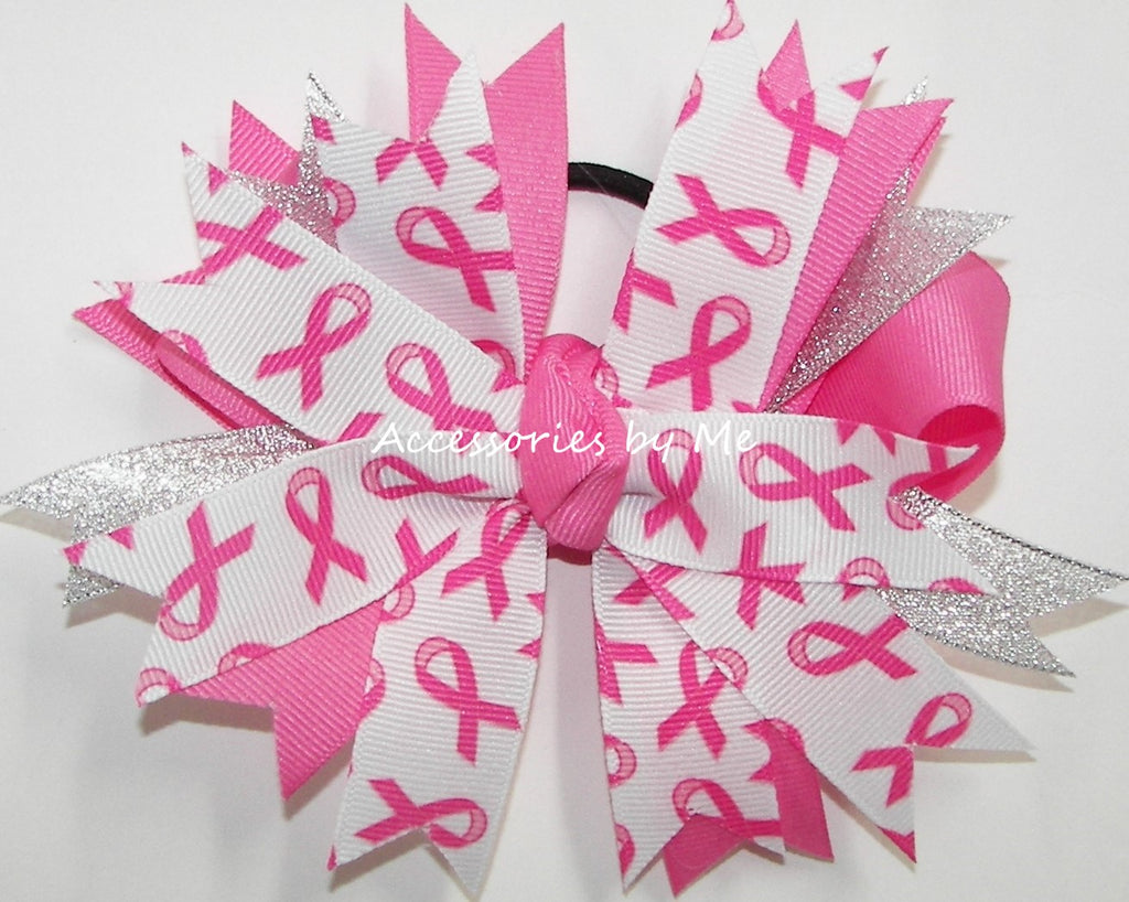 Breast Cancer Hot Pink Silver Pinwheel Hair Bow
