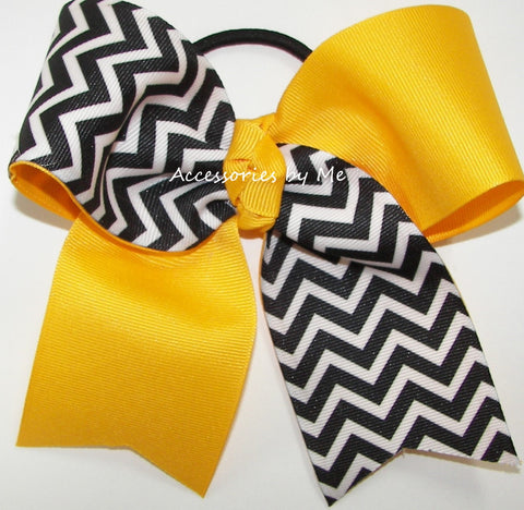 Chevron Black Yellow Gold Tic Toc Cheer Bow