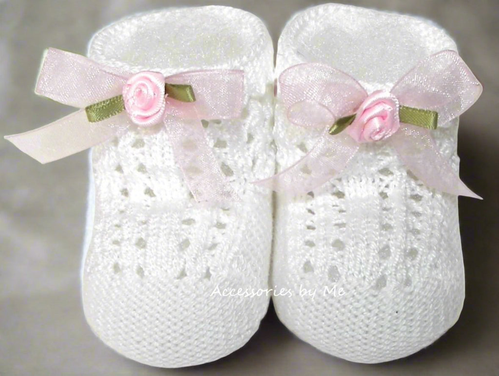 Newborn White Crochet Booties with Pink Organza Rosette Bows