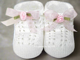 Newborn White Crochet Booties with Pink Organza Rosette Bows