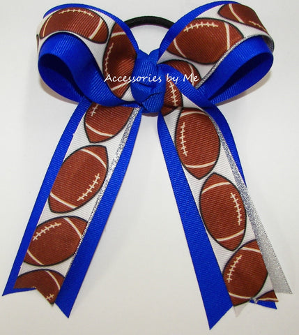 Football Blue Silver Ponytail Holder Bow