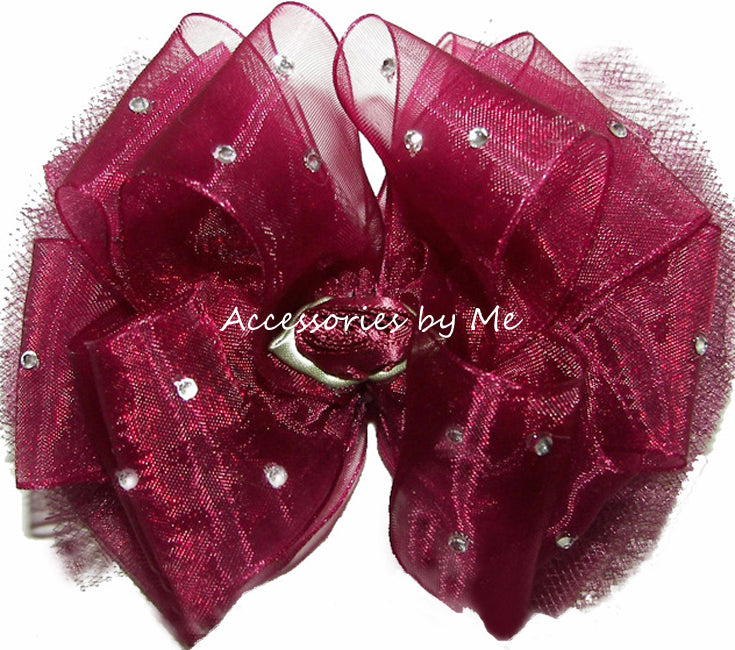 Glitzy Wine Organza Tulle Rose Flower Hair Bow