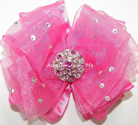 Glitzy Hot Pink Organza Ruffle Hair Bow