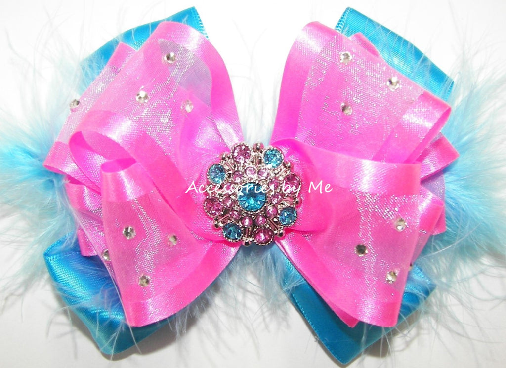 Glitzy Hot Pink Turquoise Marabou Hair Bow