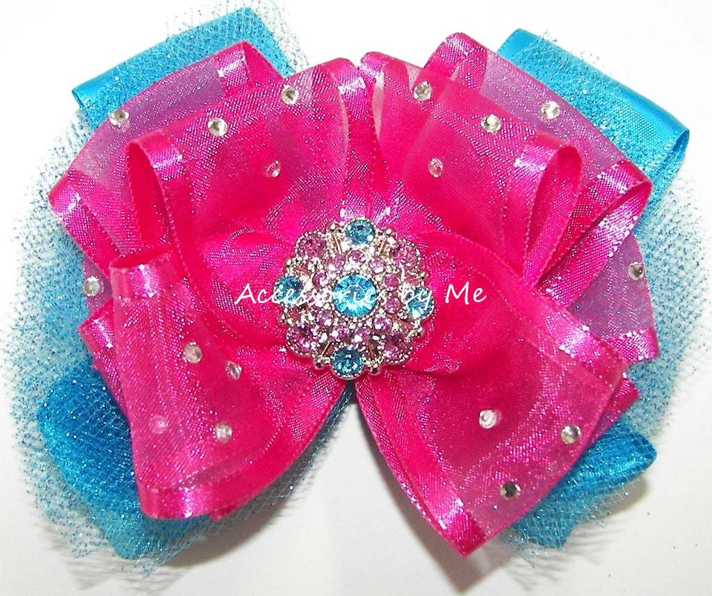 Glitzy Shocking Pink Turquoise Blue Tutu Hair Bow