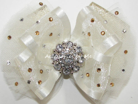 Glitzy Light Ivory Gold Organza Tulle Hair Bow
