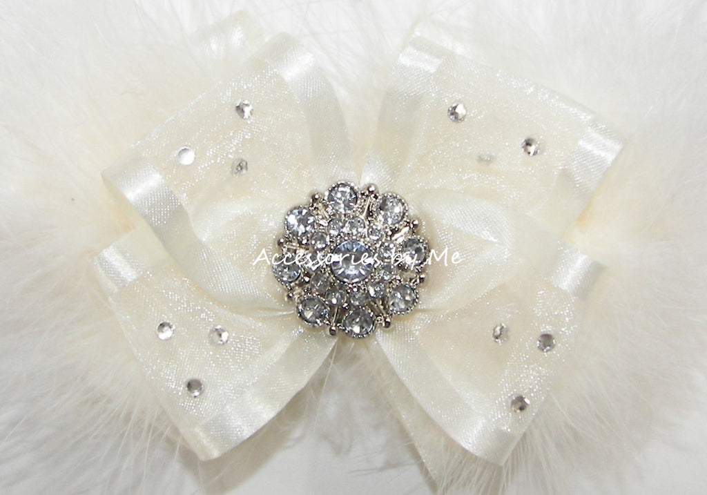 Glitzy Ivory Organza Marabou Satin Hair Bow