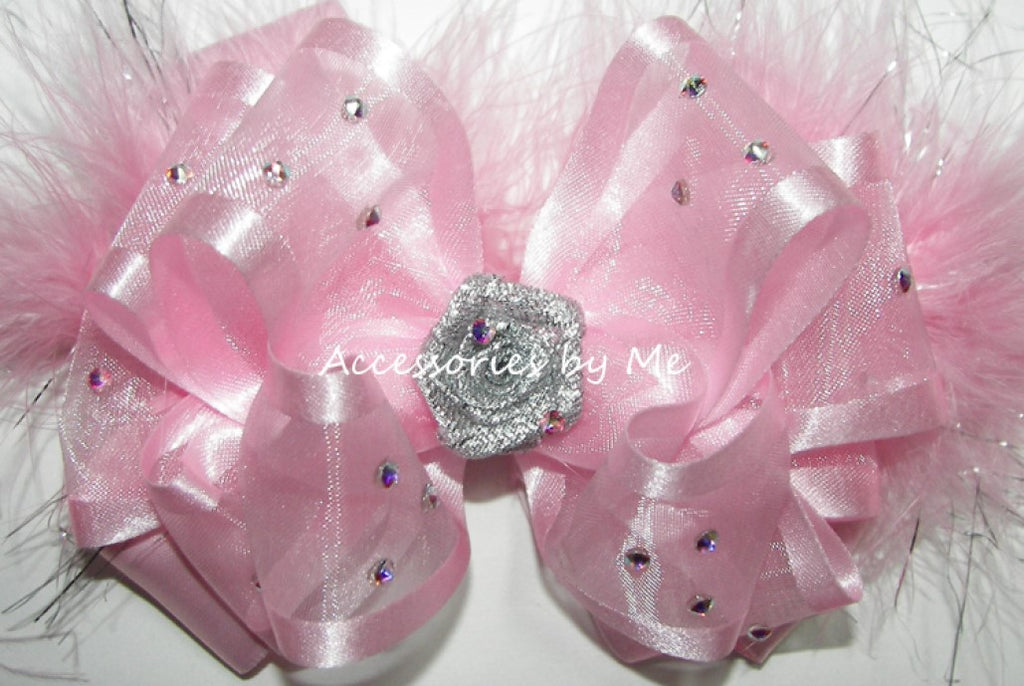 Glitzy Light Pink Organza Marabou AB Rhinestones Hair Bow