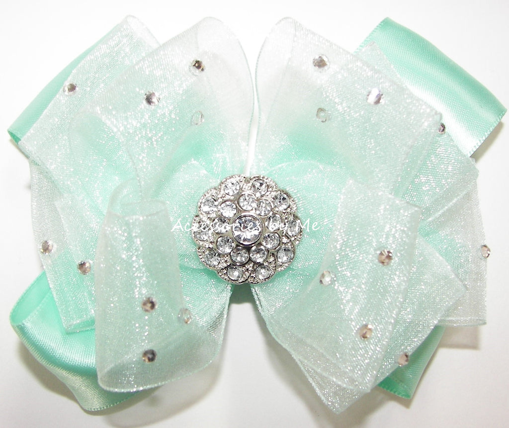 Glitzy Mint Green Organza Ruffle Hair Bow