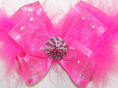 Glitzy Neon Pink Organza Satin Marabou Hair Bow