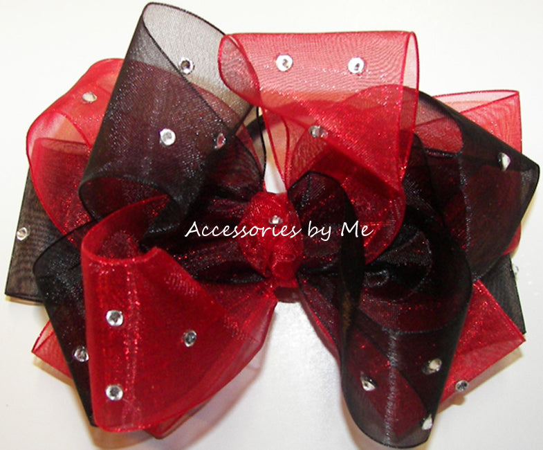 Glitzy Black Red Organza Hair Hair Bow