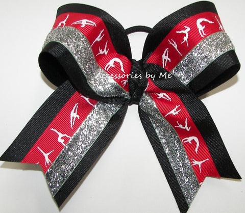 Gymnastics Red Black Silver Hair Bow