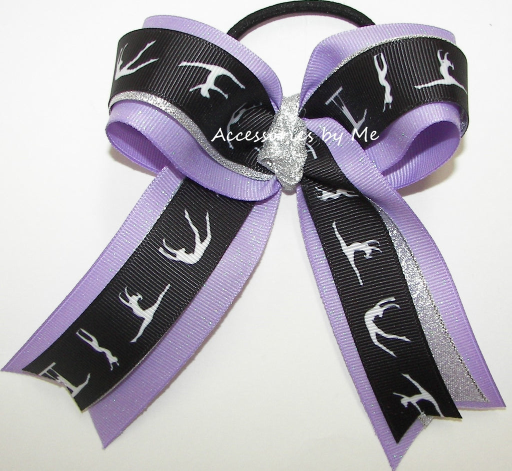 Gymnastics Black Silver Lavender Glitter Ponytail Bow