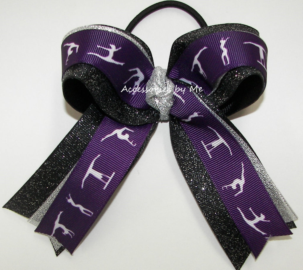 Gymnastics Plum Silver Black Glitter Hair Bow