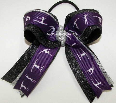 Gymnastics Plum Silver Black Glitter Ponytail Bow