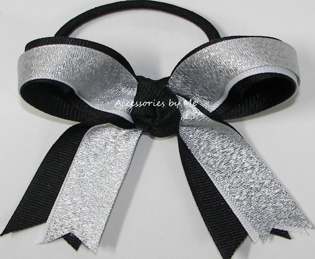 Gymnastics Silver White Black Ponytail Bow