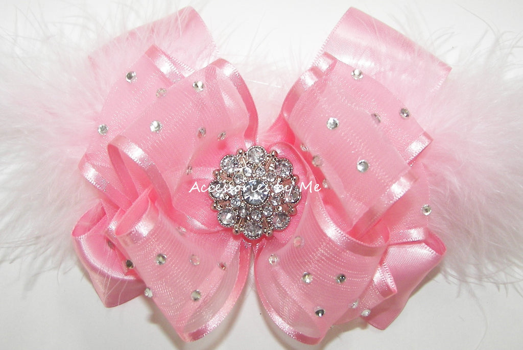 High Glitz Pink Organza Marabou Satin Hair Bow with a Large Clear Center Rhinestone