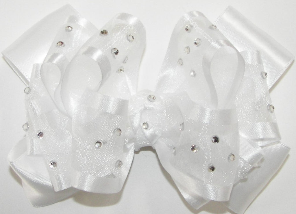 High Glitz Pageant White Organza Satin Hair Bow