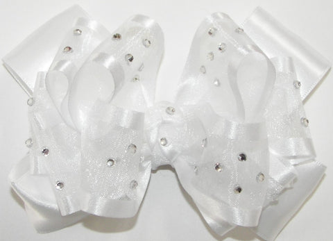 High Glitz Pageant White Organza Satin Hair Bow