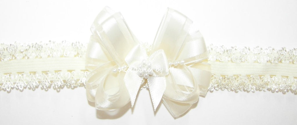 Ivory Satin Pearl Bow Applique Lace Headband