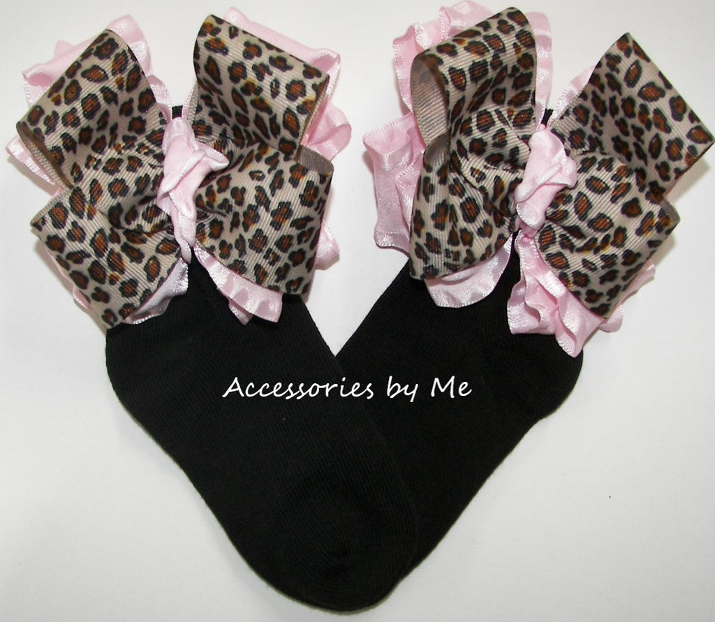 Leopard Print Light Pink Ruffle Bows Black Socks