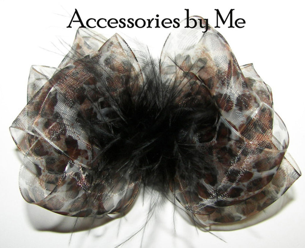Leopard organza Black Marabou Feathers Hair Bow