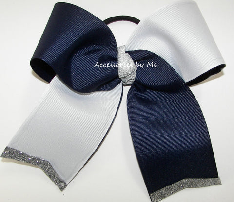 Sparkly Navy White Silver Cheer Bow