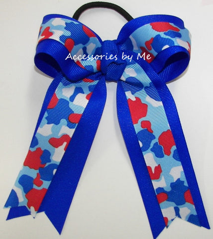 Camouflage Patriotic Red White Electric Blue Ponytail Bow