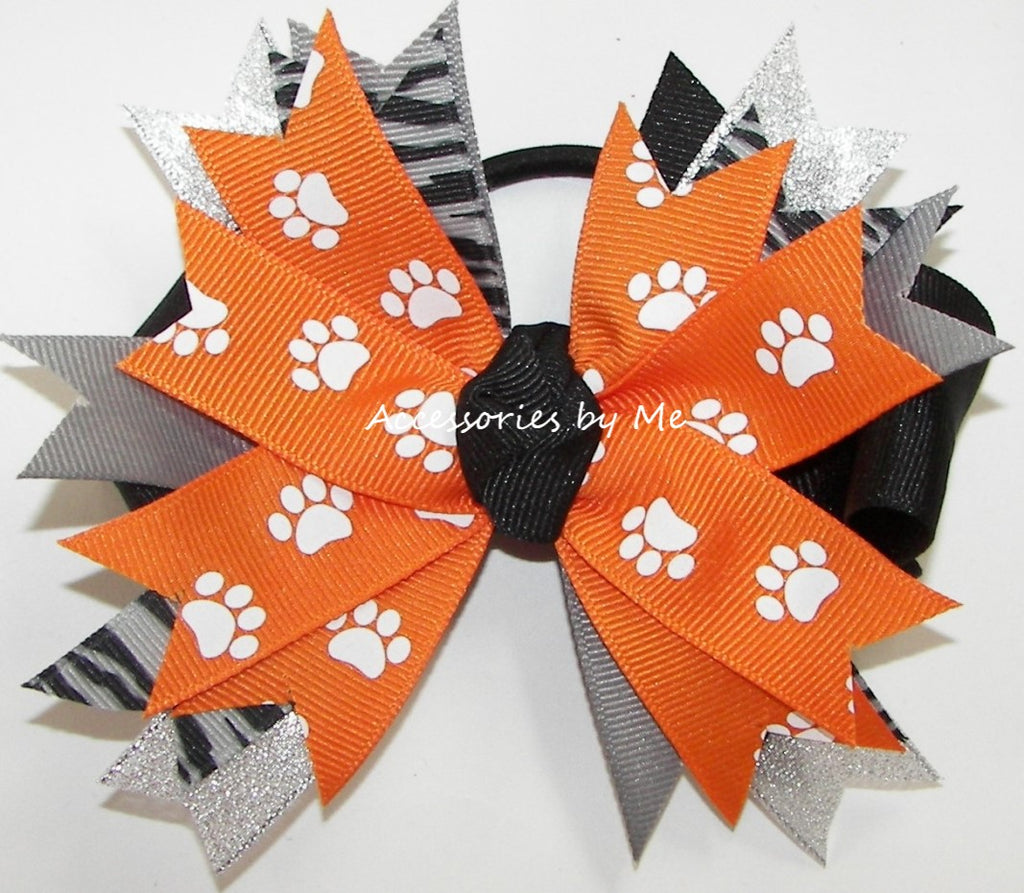 Paw Print Orange Black Gray Pinwheel Hair Bow