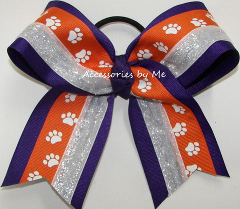 Paw Print Orange Purple White Hair Bow