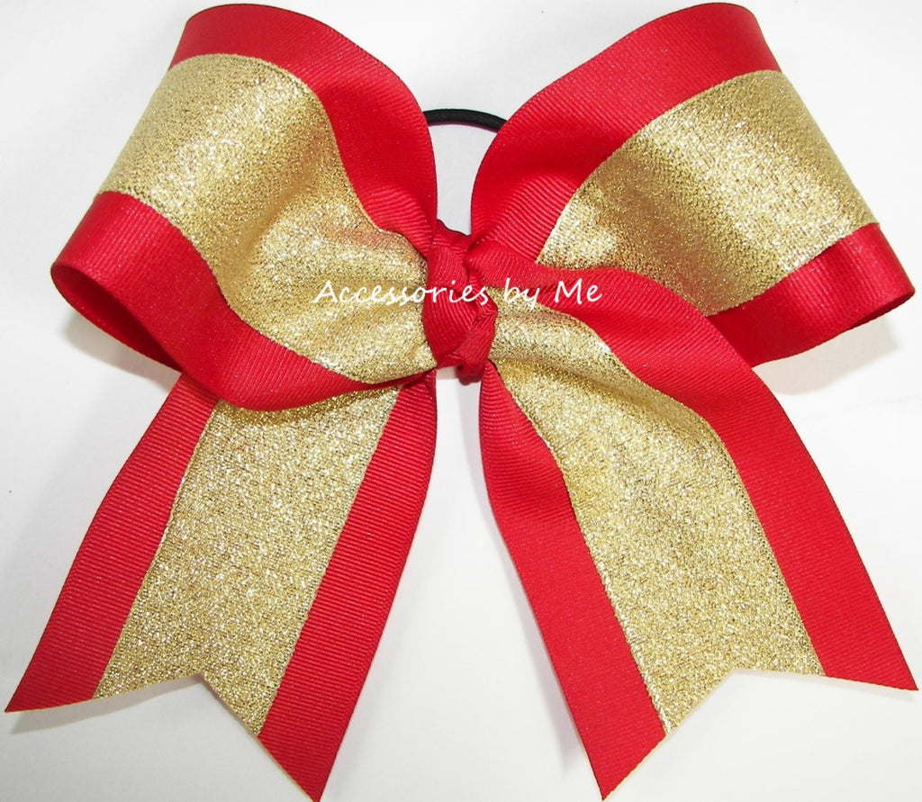 Red and Glittery Gold Metallic Big Cheer Bow