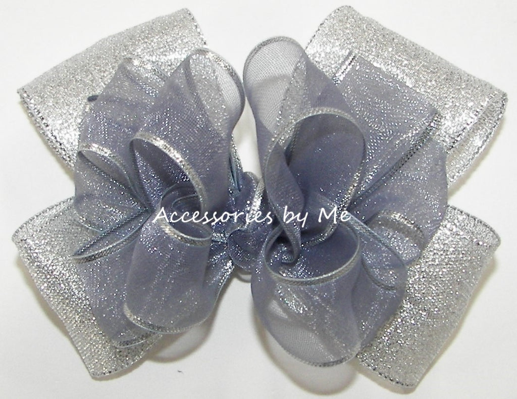 Silver Organza Metallic Trim Hair Bow