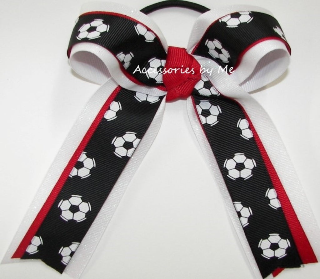 Soccer Ball Patter Black Red White Glitter Ribbon Ponytail Bow