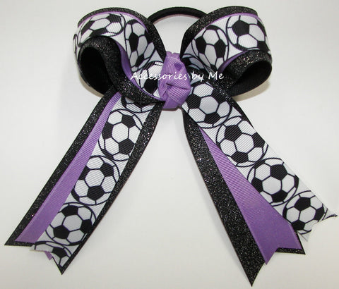 Soccer Dark Orchid Black Glitter Ponytail Bow