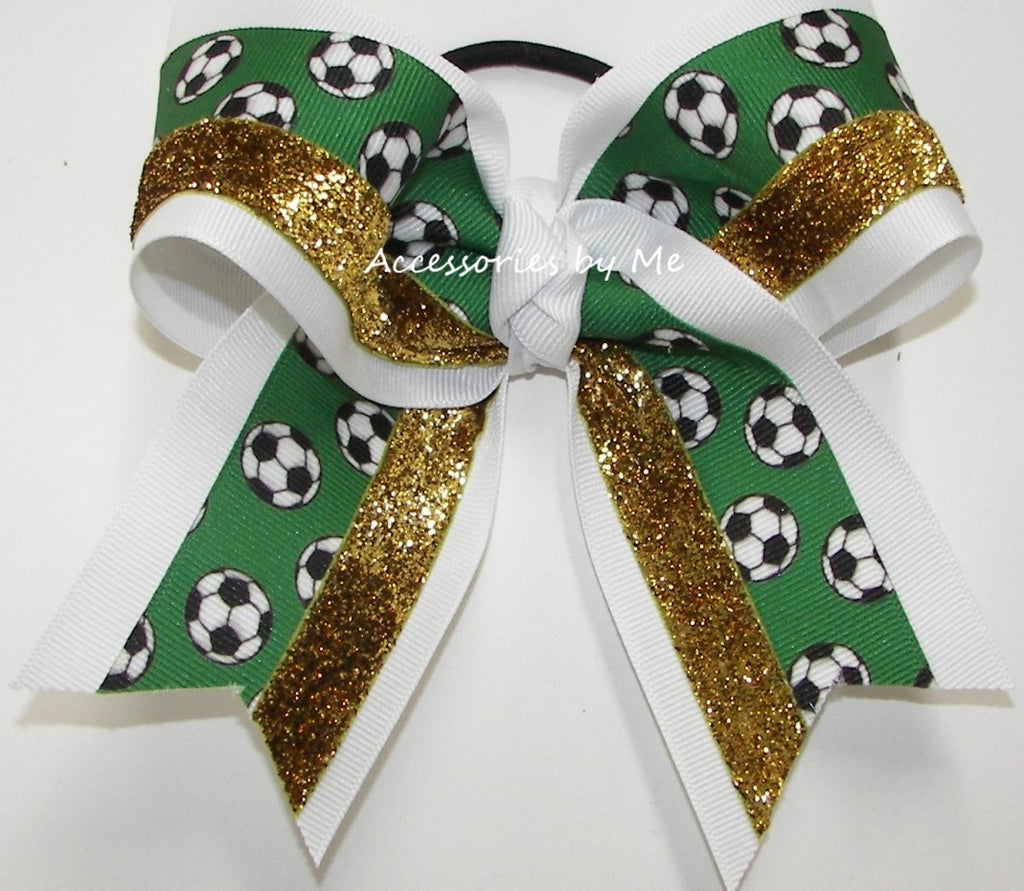 Soccer Green White Gold Glitter Cheer Bow