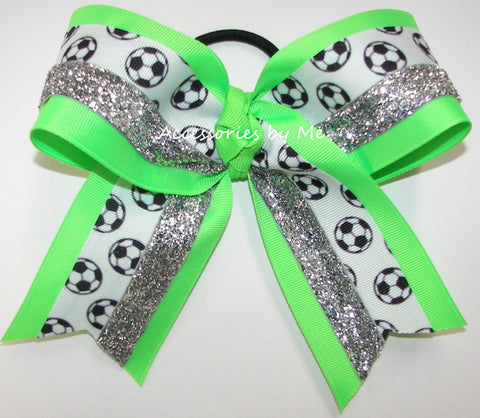 Soccer Neon Green Silver Glitter Hair Bow