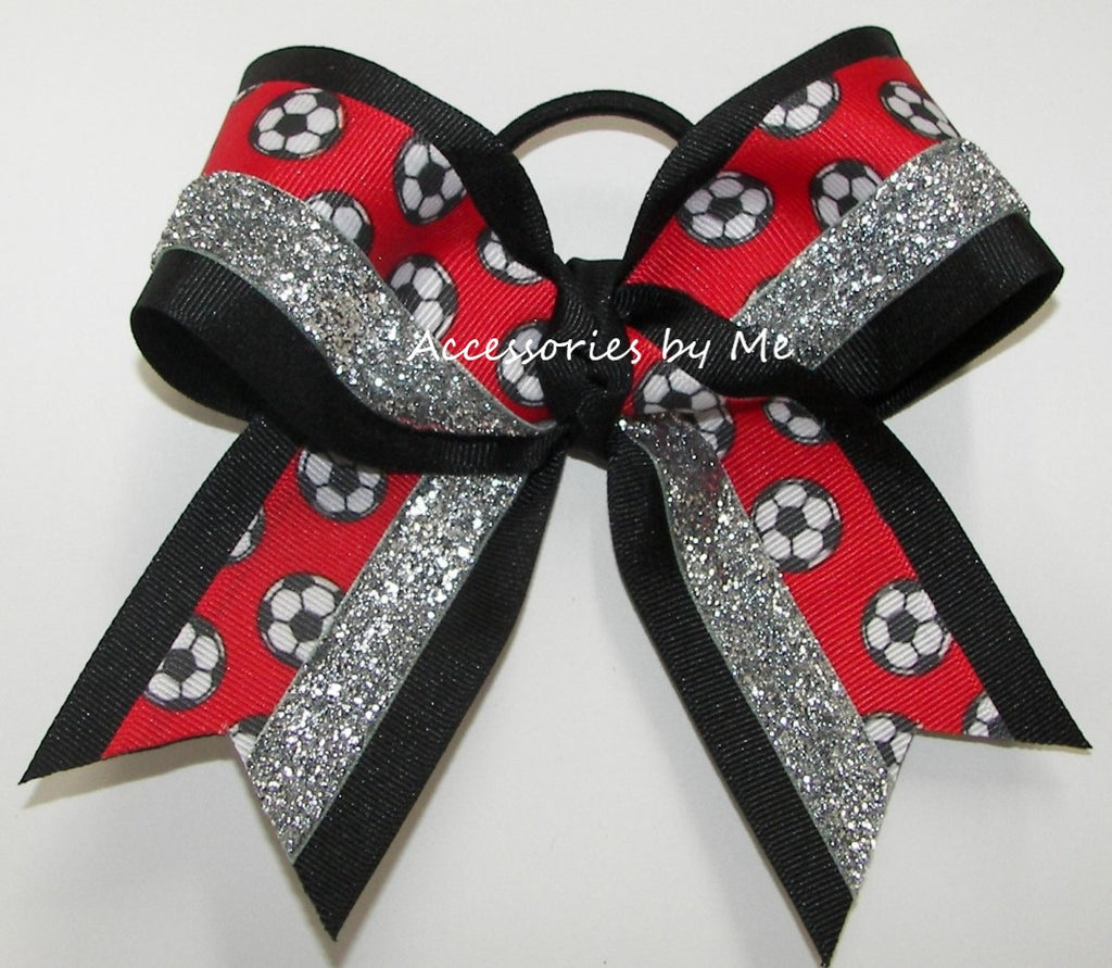 Soccer Red Black Silver Glitter Cheer Bow