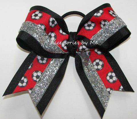Soccer Red Black Silver Glitter Cheer Bow