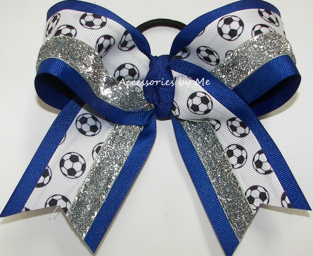 Soccer Royal Blue Silver Glitter Hair Bow