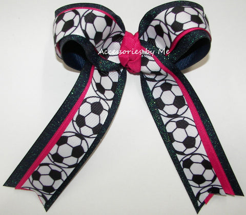 Soccer Shocking Pink Navy Glitter Ponytail Bow