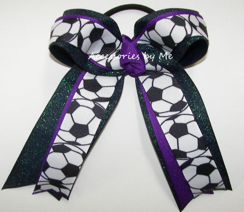 Soccer Sugar Plum Navy Glitter Ponytail Bow