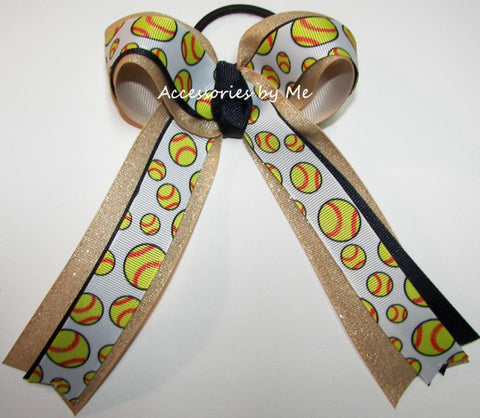 Glitter Softball Navy Gold Ponytail Bow