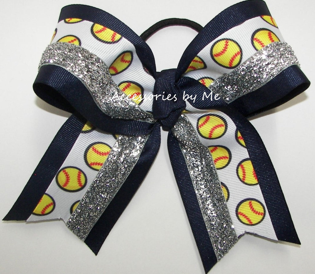 Softball Navy Blue Silver Glitter Cheer Bow