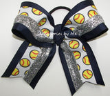 Softball Navy Blue Silver Glitter Cheer Bow