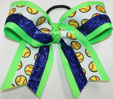 Softball Neon Green Royal Blue Glitter Hair Bow