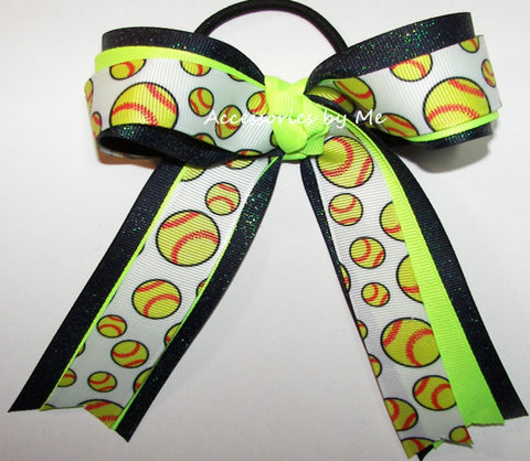 Glitter Softball Neon Lime Navy Ponytail Bow