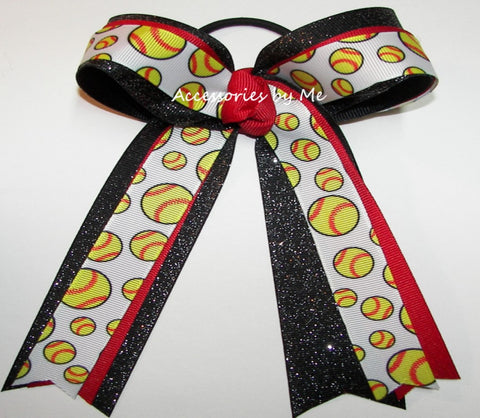 Glitter Softball Red Black Ponytail Bow