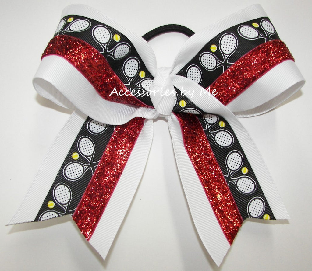 Tennis Black White Red Glitter Cheer Bow