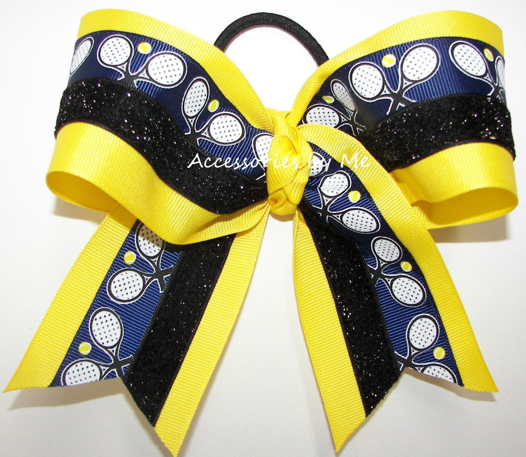 Tennis Navy Yellow Black Glitter Cheer Bow